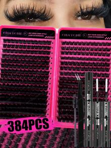 384 Clusters C Curl 120D Thick Fluffy Fish Tail Eyelashes High Capacity Eyelashes Book, Beginner Friendly, Easy Use For Diy Eyes Makeup, Long Lasting Classic Realistic Mix Lash Lashes Extension For Enlarge Eyes,Natural Look Fishtail Cluster Lashes - Hot Pink - View 2