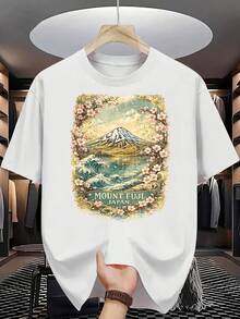 Mount  Men'S T-Shirt 1, Japanese Landscape Cherry Blossom Wave Print Pattern Pure Premium Print Durable Casual Fashion White Short-Sleeve T-Shirt - White - View 1
