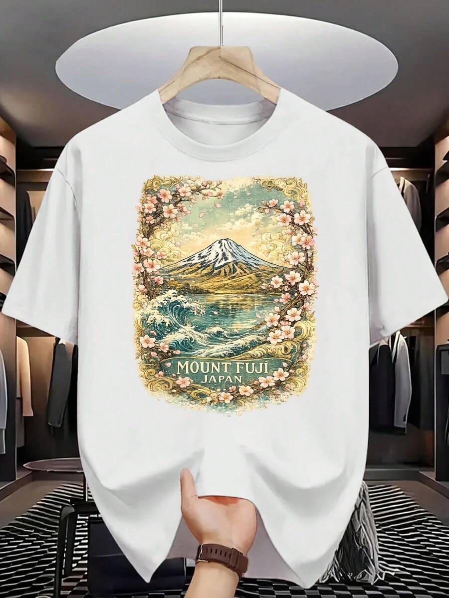 Mount Men'S T-Shirt 1, Japanese Landscape Cherry Blossom Wave Print Pattern Pure Premium Print Durable Casual Fashion White Short-Sleeve T-Shirt - White - View 1
