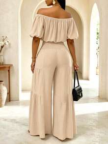 Conjunto de dos piezas para mujer de primavera/verano con top de manga corta de unicolor + pantalones largos con lazo en la cintura, ajuste ceñido sin elasticidad, elegante - Albaricoque - Ver 2