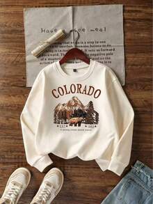 Colorado Mountain Brown Bear Print Crew Neck Sweatshirt, Wilderness Travel Graphic Pullover, American Outdoor Camping Casual Long Sleeve, Western Adventure Vibe Everyday Versatile Top - Apricot - View 3