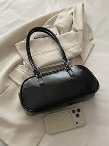 1 pieza Bolso de mano negro de PU liso con cierre de hebilla anular, versátil, casual, de unicolor, minimalista, nuevo de nicho para verano, adecuado para uso diario de mujeres - Negro - Ver 7