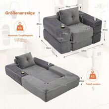 Folding Corduroy Sofa With High-Density Foam And Spring Core For Stable Seating, Side Pocket And Cup Holder, Armrest With Zip, Vacuum Packed, Easy Assembly, For Apartment And Living Room. - 深灰色 - 查看 4