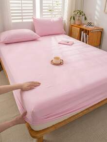 1pc Solid Color 100% Pure Cotton Light Pink Fitted Sheet, Mattress Cover, Soft And Breathable. Suitable For Twin, Full, Queen And King Size Beds. Deep Pocket Up To 11.8 Inches. Perfect For Home And Dorm Bedding. - Baby Pink - View 2