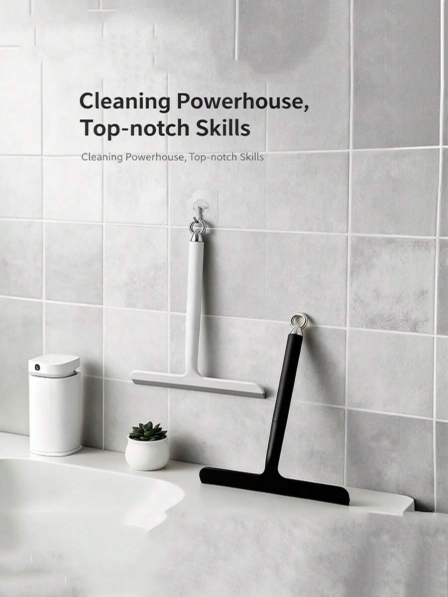 1pc Glass Surface Cleaner, Powerful Scraper With Durable Plastic And Silicone Structure, Ergonomic Handle For Easy Cleaning, With Hook For Hanging Storage And Space Saving, Suitable For Bathroom, Shower, Kitchen, Mirror, Tile, Countertop, Floor Cleaning, For Home, Office, Rental Apartment, School Cleaning Tool - Multicolor - View 1