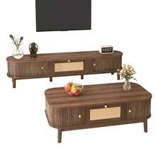 TV Stand And Coffee Table Set, Walnut-Color Living Room Furniture With Sliding Doors, Woven-Style Drawer, Rounded Edge Storage Design - Walnut - View 2