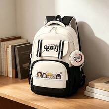 Miniso Korean Two Pieces Demon Slayer Black White Chibi Group Large Daily Backpack With Demon Mark Coin Purse, Perfect For Anime Lovers Daily Commute, Outdoor - Color 1 - View 2