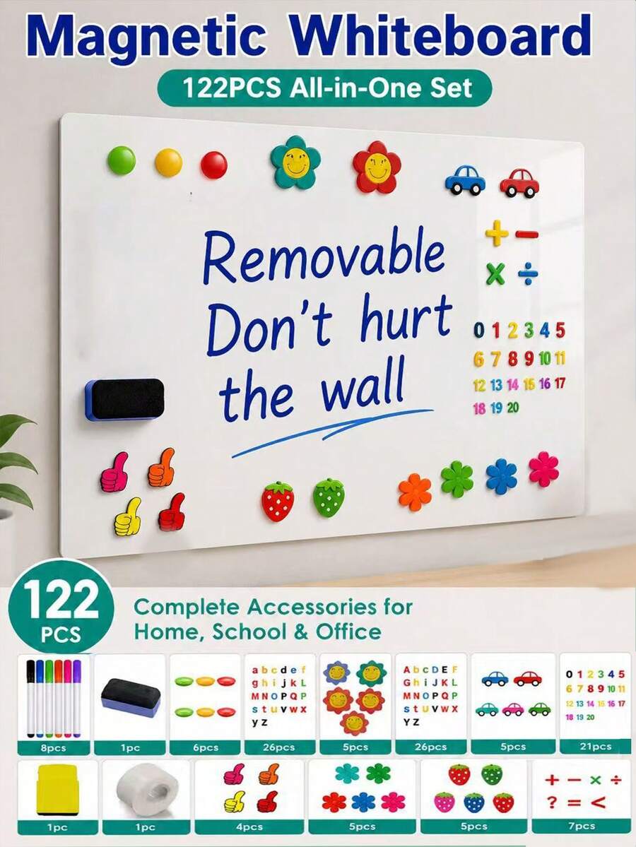 122pcs Magnetic Whiteboard Set With 112pcs Accessories, 2 Whiteboard Markers, Removable Dry Erase Board Set, Includes Markers, Magnets, Numbers, Letters And Educational Accessories, Suitable For Home, School And Office Use, Wall-Mounted Whiteboard, White Office Writing Board, Wall-Mounted Magnetic Teaching Stickers, Erasable Magnetic Home Message Board, Small And Large Black And White Message Board, Photo Wall, School Supplies, Magnetic Board, Classroom - Message Board - View 1