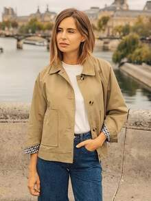 Women's Fashion Long Sleeve Regular Fit Polyester Lapel Jacket, Non-Stretch Fabric, Suitable For Autumn And Spring - Khaki - View 4