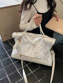 極簡風女款拼色流蘇拉鍊裝飾托特包 - 米色 - 查看 3