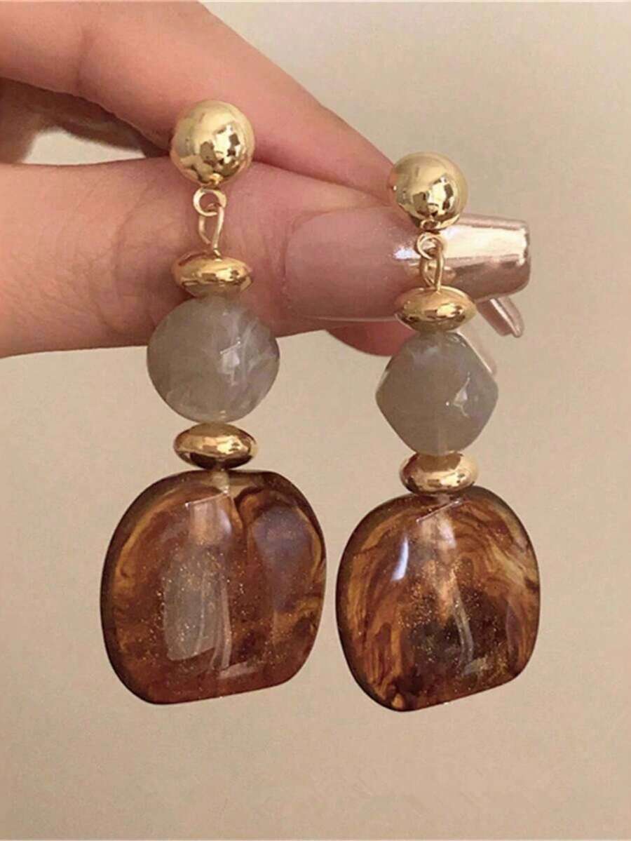 1 Pair Vintage Amber Resin Earrings, Niche Design High-End Color Block Geometric Pendant Fashion Earrings, Daily Casual Wear Jewelry - 3895 - View 1
