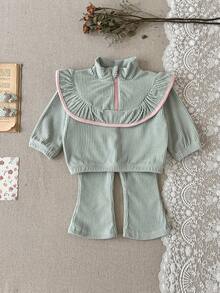 2Pcs/Set Baby Girl Soft Home Outfit, Lace Half-Zip Top And Bow Flare Pants Set - Green - View 4