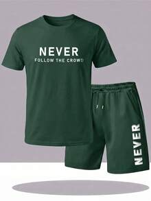 Solid Color Round Neck Dropped Shoulder Summer Breathable Cool Short Sleeve Top And Shorts Set - Dark Green - View 1