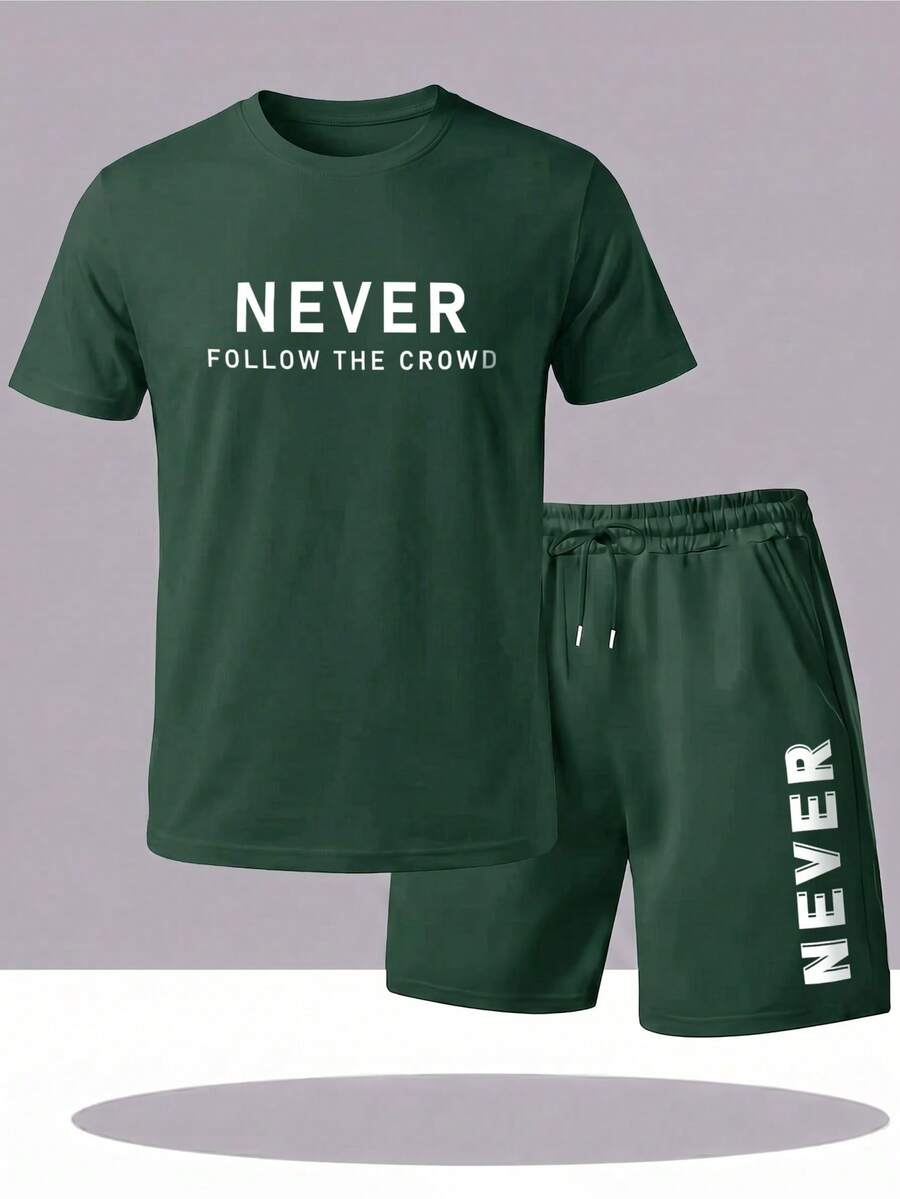 Solid Color Round Neck Dropped Shoulder Summer Breathable Cool Short Sleeve Top And Shorts Set - Dark Green - View 1