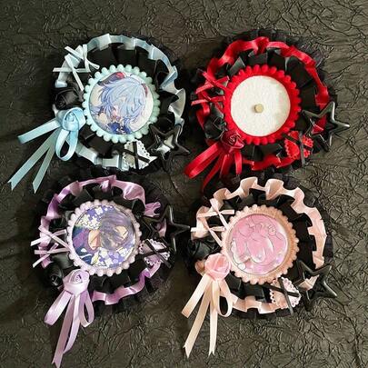 1pc Contrast Color Satin Fabric Badge Holder, Mesh Pom Pom Lace Badge Holder, 3D Fabric Rose Ribbon Star Heart Shaped Accessory, Magnetic Badge Base Display Holder, Handmade DIY Badge Portable Storage Niche Subculture Exquisite Peripheral Accessory