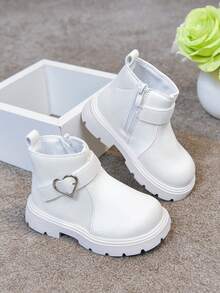 1 Pair Girls' Heart Button Boots, New Spring/Autumn Fashion Buckle Princess Boots, Korean Style Versatile Fashion Ankle Boots - White - View 6