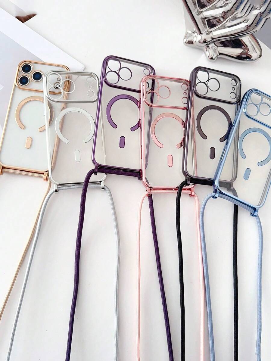 奢華斜跨式項鍊掛繩電鍍透明手機殼，相容 iPhone 18 Pro Max、17 Air、16E、16、15、14、13、12 Pro Max、11，亮面磁吸無線充電保護殼
