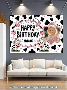 1pc Customizable Photo & Name Pink Cartoon Cow Print Happy Birthday Backdrop Banner, Black & White Cow Pattern Full Background With Pink Polka Dots And Pink Decorative Ribbon, Cute & Playful, Suitable For Cow Theme Birthday, Baby Shower Party Background Decoration Photography Banner Vinyl - Type a - View 3