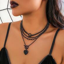 4pcs/Set Women's All-Season Versatile Hip-Hop Punk Fashion Black Metal Chain OT Clasp Heart-Shaped Photo Box Pendant Layered Necklace Set, Gift For Friends, Partners, Mothers, Elders On Valentine's Day, Mother's Day, Thanksgiving, Halloween - Black - View 2