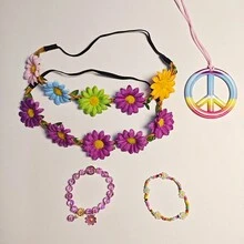 5pcs Hippie Accessories Set, Including Peace Sign Beaded Bracelet, Necklace, Flower Crown Headpiece, Hippie Costume Props, Suitable For Women To Attend Parties, Can Be Used For Halloween Party Costume - Multicolor - View 20