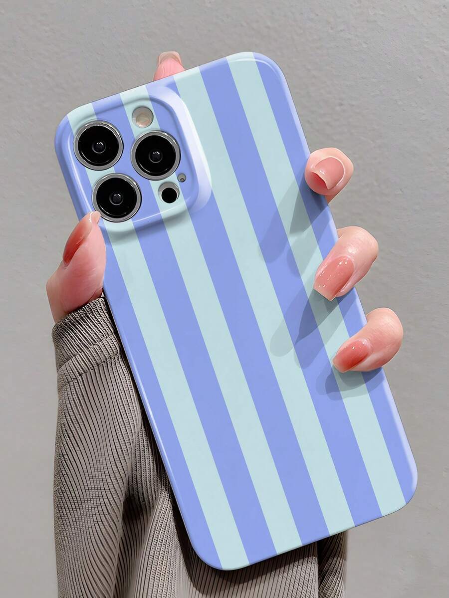1件 極簡甜美風條紋圖案穿孔亮面薄膜全包覆硬殼手機殼，適用於 iPhone 11/12/13/14/15/16 Pro Max