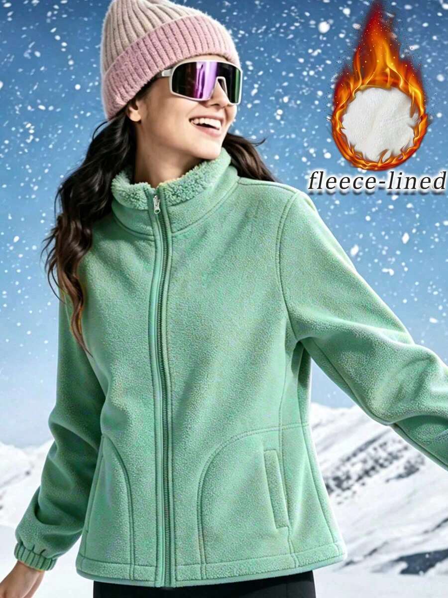 Men's Fashion Light Green Zipper Jacket, Velvet-Like Fabric, Minimalist Style - Green - View 1