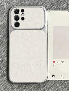 奢華荔枝紋皮革軟質防震手機殼，適用於 Galaxy S26 Ultra S25 Ultra S24 Ultra S23 Ultra S22 Ultra，大窗設計，銀色邊緣電鍍保護殼 - 白色 - 查看 4