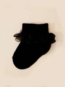 3 Pairs Baby Ribbed Ruffle Socks, Back To School Season Black Elegant Breathable Socks, Girls Princess Style Lady Socks - Black - View 2