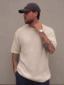Men's Vertical Ribbed Knit Sweater, Crew Neck Short Sleeve Loose Fit American Minimalist Solid Color Knit T-Shirt, Spring Summer Versatile Casual Base Layer - Apricot - View 3