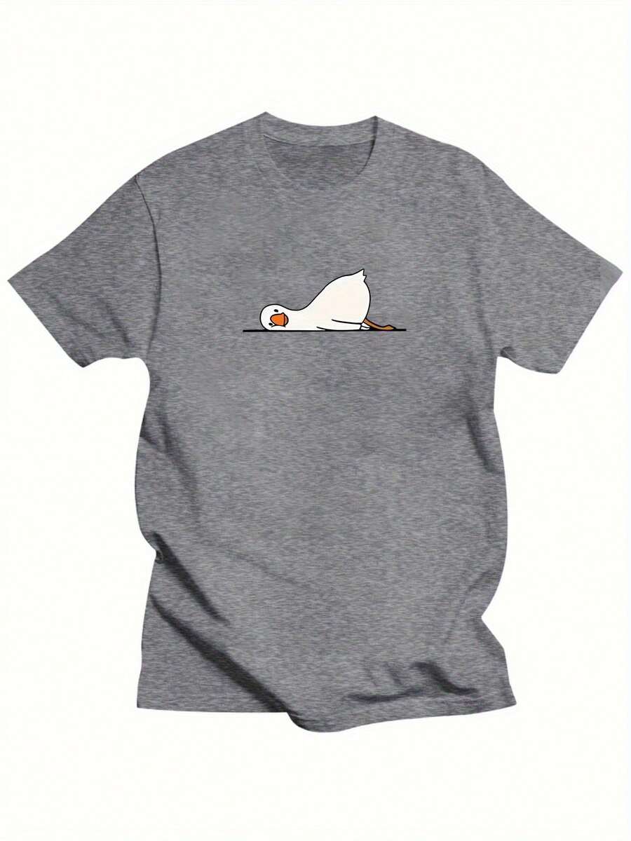 Oversized Men's T-Shirt, 100% Cotton, "Loose Summer T-Shirt With Cute Goose Pattern Print - Unisex Casual Comfort Style", Extra Large Size. - 灰色 - 查看 1