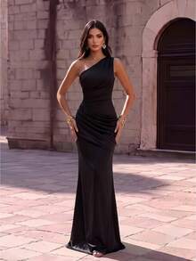 Vestido de fiesta sin mangas de unicolor sexy con cremallera asimétrico/asimétrica sin espalda - Negro - Ver 1