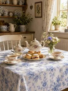 1pc-French Countryside Rose Blue And White Floral Printed Polyester Tablecloth, A Rustic And Simple Tablecloth Suitable For Kitchen And Dining Room Decoration - Blue and White - View 12
