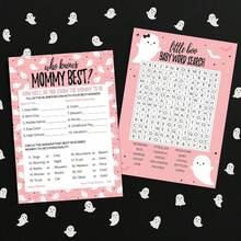 Pacote de Jogos de Chá de Bebê de Halloween "Pequeno Boo Rosa" - Cartões Dupla Face - Quão Bem Você Conhece a Mãe e Caça às Palavras - Jogos de Chá de Bebê de Halloween - Busca por Mamãe Rosa - Visão 2