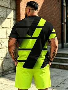 2 piezas Conjunto de ropa deportiva de estilo urbano con bloques de color en contraste y estampado geométrico neón verde para tallas grandes - Verde - Ver 2