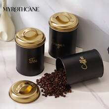 Myrothcane 3pcs Black Gold Tea Coffee Sugar Canister Set, Stainless Steel Airtight Storage Jars With Golden Lids, Modern Kitchen Counter Storage Container - Gold - View 2