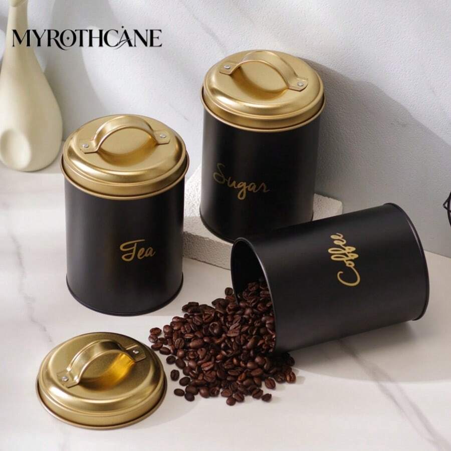 Myrothcane 3pcs Black Gold Tea Coffee Sugar Canister Set, Stainless Steel Airtight Storage Jars With Golden Lids, Modern Kitchen Counter Storage Container