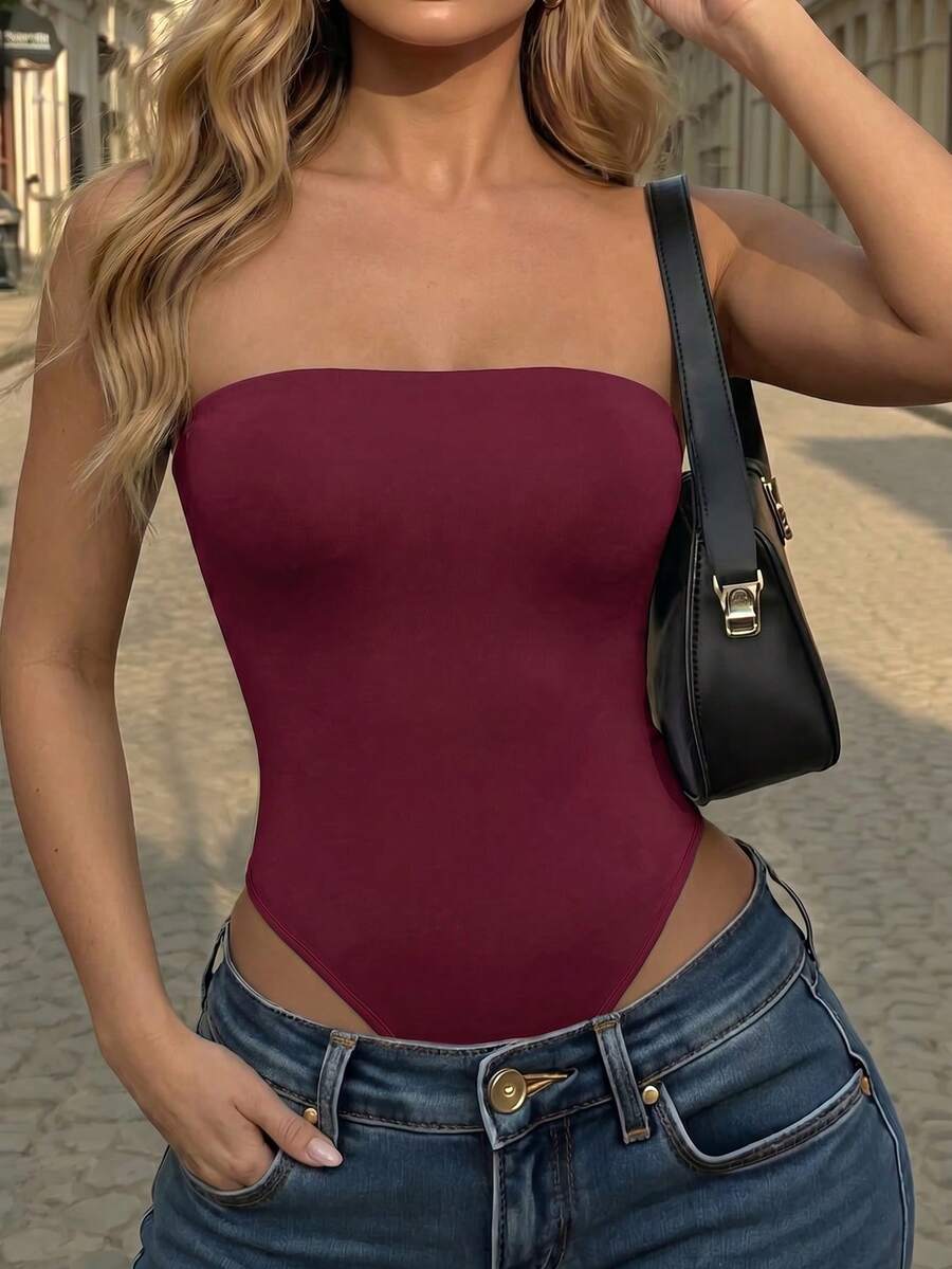 Bodysuit Feminino Sem Alças de Cor Sólida, Versátil para Uso Diário, Sexy & Fashion Verão - Vinho - Visão 1