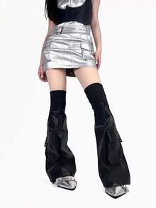 1 Pair Y2K Subculture Black Leather Patchwork Ribbed Hot Girl Style 3D Pocket Tech Stacked Socks And Slim-Fit Leg-Lengthening Leather Leg Warmers - Black - View 7