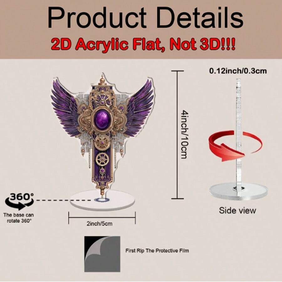 2D Flat, 1 Rotating Acrylic Desktop Display Stand With Purple Wings And Gears - 2D Flat Rotating Base, Suitable For Collectible Figures, Model Display, /Office/Creative Space - Steampunk Style Rotator, Suitable For Miniature Models And Decorative Display, 2D Flat - A - View 1