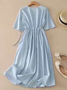Women's Spring Summer Autumn Vintage Elegant Casual Artistic Romantic Loose Waist Drawstring Vintage Embroidery Vacation Dress, Commute Holiday Vacation Daily Outing Versatile Solid Color Embroidered Cinched Waist Dress, Lightweight, Breathable, Polyester Material - Baby Blue - View 4