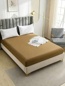 1pc Fashion Solid Color Brushed Single Fitted Sheet (Bed Cover/Mattress Protector) - Soft, Comfortable, Breathable, Anti-Pilling, Home Decor, Suitable For All Seasons; Fits Multiple Bed Sizes (Twin, Full, Queen, King); Dust-Proof Design; Does Not Include Pillow And Pillowcase. - Khaki - View 8
