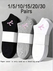 5/10/15 Pairs Unisex Comfortable Versatile Solid Color Black White Grey Bow Short Socks - Multicolor - View 1