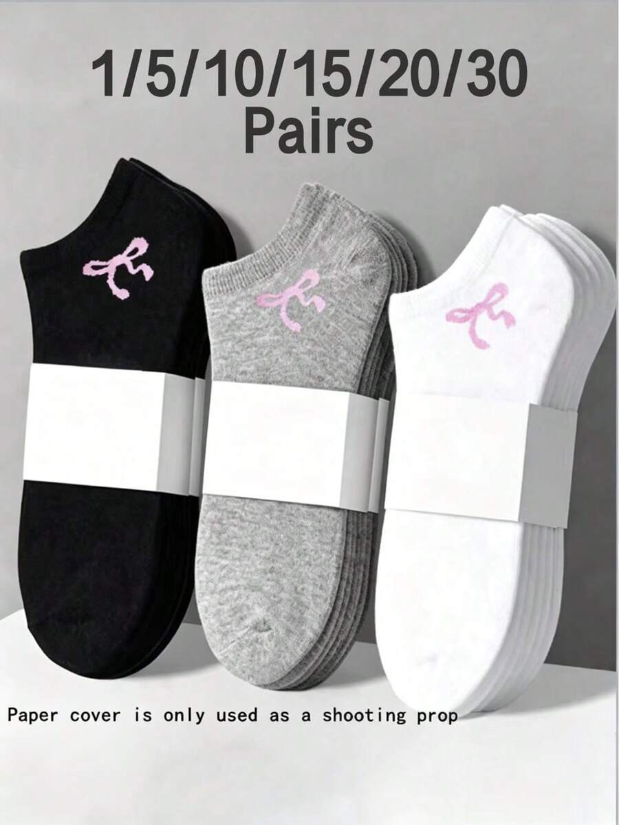 5/10/15 Pairs Unisex Comfortable Versatile Solid Color Black White Grey Bow Short Socks - Multicolor - View 1