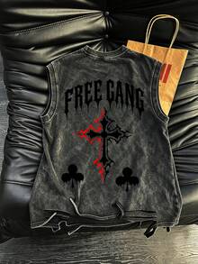 Vintage Washed Distressed Men's Tank Top - "FREE GANG" Gothic Cross & Club Graphic Tank - Black - View 2