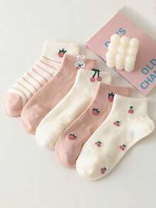 1/5 /10Pairs Women's Non-Slip Short Socks With Pink Cherry And Strawberry Patterns, Suitable For All Seasons - Multicolor - View 4