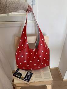 Women's Shoulder Bohemian Style Large Capacity White Polka Dot Faux Leather Snap Button Casual Daily Shopping Travel Bag - Red - View 8