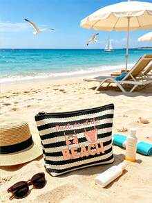 1/2pcs Striped Tote Bag And Cosmetic Bag Set, Printed With "Meet Me At The Beach" Pattern. Casual Tote Bag Style Is Simple And Fashionable, With Spacious Capacity And Versatile Function, Suitable As A Versatile Commuter Bag, Vacation, Travel, Daily Commute And Shopping, Ideal Gift For Friends And Family, New Summer, Travel Essential, Suitable As Women's Birthday Party Gift, Bridal Gift, Suitable For Girls, Women, Girlfriends - Multicolor - View 5