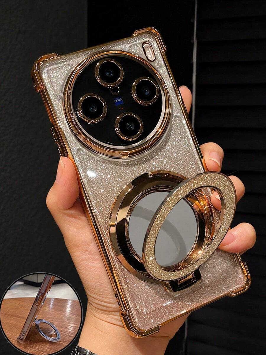 MewTrek 奢華電鍍金手機殼，創意環形磁吸支架，閃亮水鑽，防震防摔，新款時尚軟殼，適用於 、Honor、Reno，適合女性