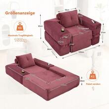 Folding Corduroy Sofa With High-Density Foam And Spring Core For Stable Seating, Side Pocket And Cup Holder, Armrest With Zip, Vacuum Packed, Easy Assembly, For Apartment And Living Room. - 紅色 - 查看 3