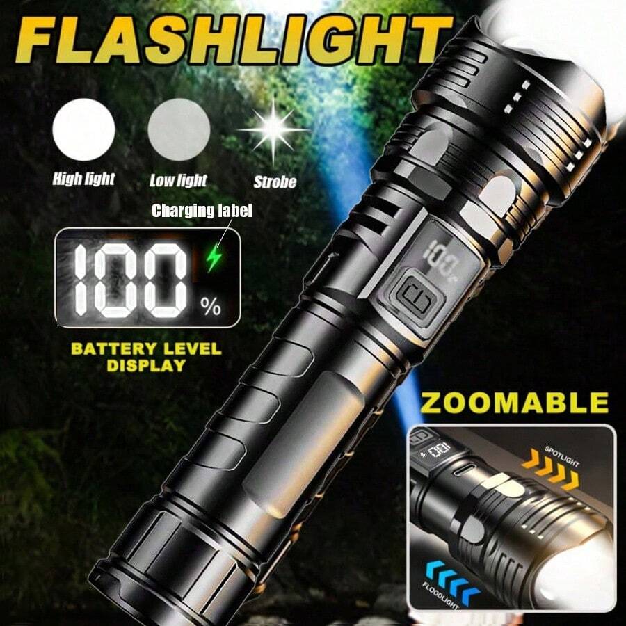 这款可充电手电筒具备3种LED战术照明模式、LCD显示屏、USB充电、高流明、耐用ABS外壳，适用于露营、徒步旅行、紧急情况和日常居家使用。 - 黑色 - 查看 1